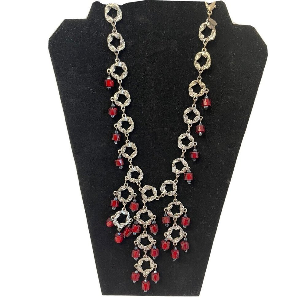 Chico's Statement Necklace Womens OS Red Silver Textured Link Tiered Bib Bead